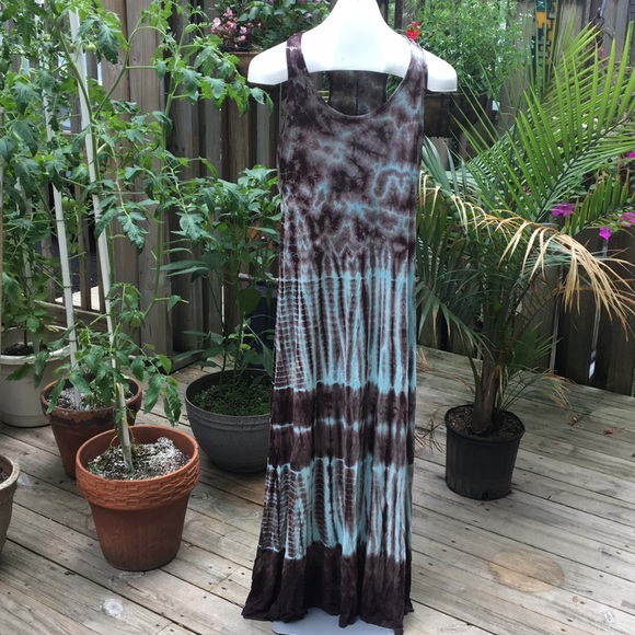 Maxi tye dyed dress in turquoise and brown! - Picture 1 of 5